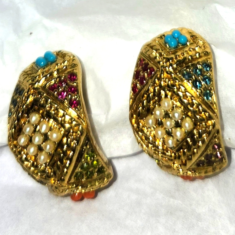 Vtg 1980s D'Orlan Bijoux Gold Plated Beaded Clip Hoop Earrings Buried Treasure? - Picture 2 of 4